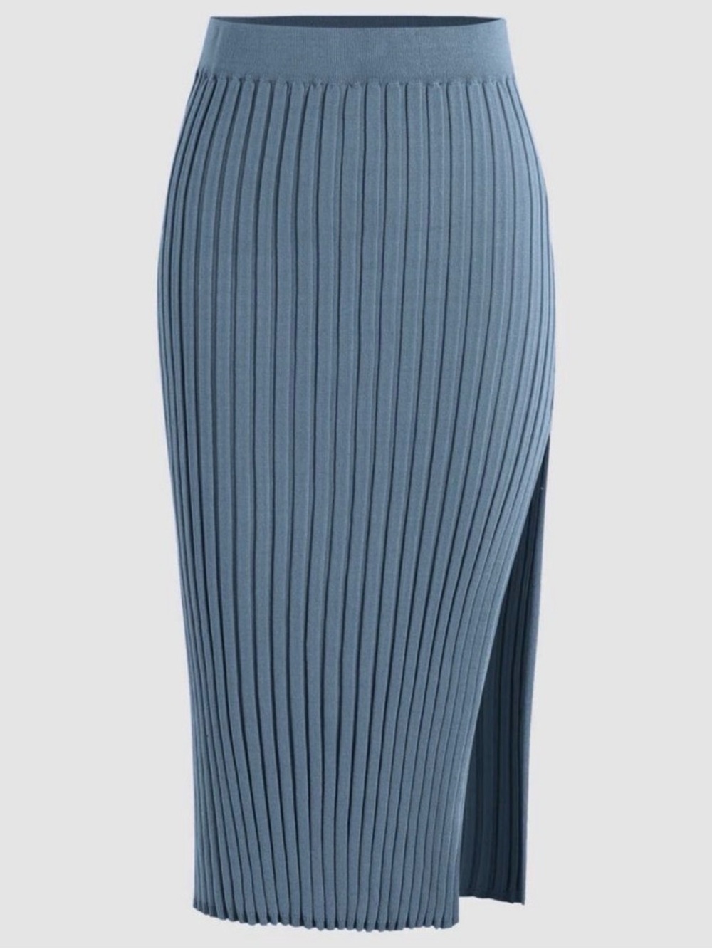 CIDER Blue Ribbed Knit Skirt Side Slit Stretch Column Skirt Minimalist Coastal